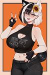  1girl animal_ears armpits bare_shoulders belly belly_grab black_choker black_gloves black_hair black_nails blue_eyes blush breasts choker cleavage cleavage_cutout clothing_cutout ear_piercing fingerless_gloves flower glasses gloves hair_between_eyes hair_flower hair_ornament hands_on_own_stomach highres large_breasts lion_ears looking_at_viewer midriff mole mole_on_breast multicolored_hair nail_polish navel open_mouth original panty_straps piercing pinching plump short_hair simple_background smile solo spiked_choker spikes sunflower sunflower_hair_ornament tail toenail_polish toenails two-tone_hair v varniskarnis white_hair 