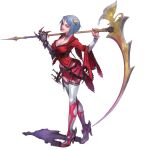  1girl belt black_belt black_choker black_nails blue_hair boots breasts butterfly_ornament choker cleavage closed_mouth dagger fingernails full_body gauntlets grandia grandia_iii hair_ornament holding holding_scythe holding_weapon knife legs_together looking_at_viewer medium_breasts miniskirt official_art red_eyes red_shirt red_skirt scythe shadow shirt short_hair simple_background single_gauntlet skirt smile solo standing thigh_boots violetta_(grandia) weapon white_background white_footwear yoshinari_you zettai_ryouiki 