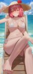  1girl absurdres bare_shoulders beach bikini breasts cleavage cloud dea feet flower hat hat_flower highres large_breasts looking_at_viewer original outdoors parted_lips pointy_ears red_eyes red_hair shore side-tie_bikini_bottom sky solo sun_hat swimsuit thighs 