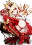  1girl absurdres ahoge ass bikini blonde_hair braid breasts criss-cross_halter crown dragon_claw dragon_tail elbow_gloves facial_mark fate/grand_order fate_(series) french_braid gloves hair_bun hair_intakes hair_ribbon halterneck highres kebab_(blackdoll) long_hair looking_at_viewer lying nero_claudius_(fate) off_shoulder on_side pointy_ears queen_draco_(fate) queen_draco_(second_ascension)_(fate) red_bikini red_eyes red_ribbon ribbon robe scales single_glove small_breasts solo swimsuit tail white_gloves white_robe 