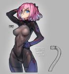  arm_up blue_eyes bodysuit breasts colored_inner_hair covered_navel cropped_legs dated grey_background hair_between_eyes headgear looking_at_viewer medium_breasts multicolored_hair original pink_hair purple_hair short_hair signature skin_tight takada_kazuhiro two-tone_hair 