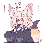  !? 1girl :&lt; absurdres animal_ears black_jacket black_sailor_collar blonde_hair blush_stickers commentary_request double_bun fox_ears fox_girl fox_tail hair_bun highres jacket long_hair long_sleeves megateru off_shoulder open_clothes open_jacket original puffy_long_sleeves puffy_sleeves red_eyes sailor_collar school_uniform serafuku shirt signature simple_background sleeves_past_fingers sleeves_past_wrists solo tail upper_body white_background white_shirt 
