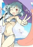  1girl bikini blue_bikini blue_hair blue_sky breasts cleavage cloud commentary dated english_text heart holding holding_umbrella horizon karakasa_obake large_breasts looking_at_viewer matsu_kitsune navel ocean open_mouth outdoors purple_umbrella red_eyes short_hair sky solo swimsuit tatara_kogasa tongue touhou umbrella v 