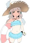  1girl bikini blue_bikini blue_eyes blush brown_headwear can closed_mouth copyright_request frilled_bikini frills grey_hair hat holding holding_can long_hair low_twintails navel solo straw_hat sweat swimsuit terazip thick_eyebrows twintails white_background 