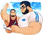  2boys =_= arm_hair armpit_hair armpits bara blue_sky chest_hair covered_nipples cropped_torso daisukebear from_side frown full_beard glasses highres huge_eyebrows large_pectorals male_focus mature_male multiple_boys nipple_slip nipples notebook original paid_reward_available pectoral_cleavage pectorals plump red_tank_top shirt short_hair sidepec sky stomach t-shirt tank_top waving writing 