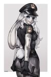  anthro blue_eyes clothing female fur grey_spots hair hi_res lagomorph leporid looking_at_viewer mammal open_mouth police_hat police_uniform rabbit simple_background solo spots spotted_body spotted_fur spuydjeks uniform white_body white_fur white_hair 