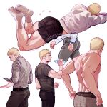  1boy alternate_costume ass bara biceps black_male_underwear black_shorts blonde_hair brauniesb facial_hair facing_away feet_up from_above from_side heart highres huge_ass male_focus male_underwear multiple_views muscular muscular_male nipples pants profile reiner_braun shingeki_no_kyojin short_hair short_shorts shorts socks soles stubble thick_thighs thighs tight_clothes tight_pants topless_male underwear undressing walking white_socks 