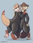  4_toes anthro blue_eyes brown_body duo feet fur green_eyes hi_res latex mammal mustelid otter paws symrea tan_body toes whiskers 