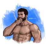  1boy abs alternate_body_hair bara beard black_hair blue_background cigar cropped_torso facial_hair graves_(league_of_legends) hair_slicked_back highres jesse_adriano large_pectorals league_of_legends looking_at_viewer male_focus mature_male muscular muscular_male nipples nude pectorals short_hair smoking solo stomach thick_eyebrows two-tone_background veins veiny_arms 