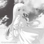  1girl album_cover cloud cosgaso cover crossed_bangs english_text frilled_sleeves frills greyscale light_blush limited_palette long_hair long_sleeves looking_at_viewer monochrome neck_ribbon original parted_lips ribbon shirt_tucked_in skirt sky solo star_(sky) white_theme 