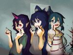  3girls absurdres alcohol blood blood_splatter blue_eyes blue_hair blue_shorts blue_skirt bow gloves green_shirt grey_hoodie hair_bow hair_tubes highres hood hoodie horns long_hair long_sleeves middle_finger multiple_girls nyztsune open_mouth pointy_ears prison_clothes purple_horns sharp_teeth shirt short_sleeves shorts sidelocks single_horn skirt striped striped_shirt striped_skirt teeth tenkajin_chiyari touhou upper_body v-shaped_eyebrows very_long_hair whiskey white_gloves white_shirt white_skirt 