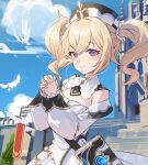  1girl barbara_(genshin_impact) bird blonde_hair blue_eyes blue_sky blush book closed_mouth cloud commentary_request dress genshin_impact highres long_sleeves looking_at_viewer outdoors own_hands_clasped own_hands_together shedar sky smile solo twintails white_dress 