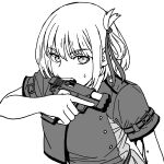  1girl bleeding blood greyscale gun hair_ribbon handgun highres holding holding_gun holding_weapon looking_at_viewer lycoris_recoil lycoris_uniform monochrome nishikigi_chisato onsen_tamago_(hs_egg) ribbon short_hair sleeves_rolled_up solo sweatdrop trigger_discipline upper_body weapon you&#039;re_doing_it_wrong 