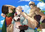  1girl 2boys apple atelier_(series) atelier_marie bandaged_arm bandages barrel basket belt black_bra black_gloves blonde_hair blue_sky border0715 box bra breasts brown_belt cleavage closed_eyes cloud coat covered_mouth day eating food fruit gloves green_coat green_scarf head_scarf headband holding holding_barrel holding_basket holding_box holding_food holding_fruit large_breasts loincloth long_hair low-tied_long_hair marie_(atelier) midriff multiple_boys muscular muscular_male official_art open_clothes open_mouth outdoors pants red_apple red_shirt ruven_filnir scarf schwalbe_satz second-party_source shirt sky smile standing underwear very_long_hair white_pants 