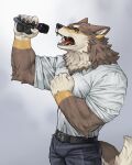  5_fingers anthro brown_body brown_fur canid canine canis claws clothed clothing countershade_face countershade_fur countershading fangs fingers fur hi_res holding_microphone holding_object male mammal microphone muscular ogami_aratsuka open_mouth rossciaco shirt singing solo tail teeth tongue topwear wolf 