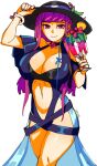  1girl 3amsoda artist_name black_headwear blue_one-piece_swimsuit bracelet breasts commentary crossed_legs curvy drink fire_emblem fire_emblem_engage flower flower_hat hat highres ivy_(fire_emblem) ivy_(summer)_(fire_emblem) jewelry large_breasts looking_at_viewer navel official_alternate_costume one-piece_swimsuit purple_eyes purple_hair simple_background smile solo sun_hat swimsuit white_background 