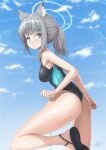  1girl animal_ear_fluff animal_ears black_one-piece_swimsuit blue_archive blue_eyes blue_sky breasts cloud competition_swimsuit cross_hair_ornament extra_ears grey_hair hair_ornament halo looking_at_viewer looking_back low_ponytail medium_breasts medium_hair mg42cat-k1ng mismatched_pupils multicolored_clothes multicolored_swimsuit official_alternate_costume one-piece_swimsuit one-piece_thong shiroko_(blue_archive) shiroko_(swimsuit)_(blue_archive) sky solo standing standing_on_one_leg swimsuit wolf_ears 