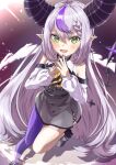  1girl ahoge ankle_cuffs ascot bare_shoulders black_horns black_nails braid braided_bangs detached_sleeves fang grey_hair highres hololive horns la+_darknesss la+_darknesss_(1st_costume) long_hair multicolored_hair pointy_ears purple_hair purple_thighhighs qussie single_thighhigh skin_fang sleeves_past_fingers sleeves_past_wrists streaked_hair striped_horns thighhighs virtual_youtuber yellow_ascot yellow_eyes 