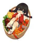  1girl artist_name bento black_hair blue_eyes blue_shorts blunt_bangs blush bow braid bright_pupils cardigan cherry_tomato chibi crab dolphin_shorts eating fiodo food_focus food_in_mouth from_above full_body hair_bow highres kneehighs legs_up lettuce long_hair looking_to_the_side loose_socks low_twin_braids lunchbox lying midriff mini_flag on_back original oversized_food oversized_object red_bow red_cardigan red_footwear rice shirt shoes short_shorts shorts sneakers socks solo tomato transparent_background twin_braids white_pupils white_shirt white_socks 