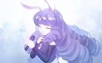  1girl animal_ears black_jacket chuchu_(show_by_rock!!) closed_eyes facing_to_the_side holding holding_microphone jacket light_blue_background long_hair long_sleeves mel6969 microphone multicolored_background open_mouth purple_hair rabbit_ears rabbit_girl show_by_rock!! solo white_background 