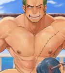  1boy abs bara barbell blush completely_nude cropped drooling earrings exercise green_hair highres jewelry large_pectorals long_sideburns male_focus mature_male muscular muscular_male nipples nude one_eye_closed one_piece open_mouth out-of-frame_censoring paid_reward_available pectorals robokeh roronoa_zoro scar scar_across_eye scar_on_chest short_hair sideburns sky stitches stomach sweat veins veiny_arms very_sweaty weightlifting 