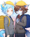  2boys aged_down animal_ears backpack bag blue_hair brown_hair colored_sclera furry furry_male highres horns horse_ears horse_tail kintaurus_(show_by_rock!!) long_sleeves looking_at_viewer male_child male_focus mel6969 multiple_boys orange_eyes red_eyes short_hair show_by_rock!! single_horn tail titan_(show_by_rock!!) unicorn_boy werewolf yellow_sclera 