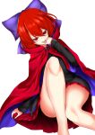  1341398s1 1girl bow cloak commentary feet_out_of_frame hair_bow highres legs long_sleeves looking_at_viewer purple_bow red_eyes red_hair sekibanki short_hair simple_background solo tongue tongue_out touhou white_background 