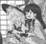  2girls asakura_maru ascot bare_shoulders bow braid controller detached_sleeves frilled_skirt frills game_controller greyscale hair_bow hair_tubes hakurei_reimu hat hat_bow holding holding_controller holding_game_controller japanese_clothes kirisame_marisa long_hair monochrome multiple_girls nontraditional_miko ribbon-trimmed_sleeves ribbon_trim shirt short_sleeves sidelocks single_braid skirt touhou vest wide_sleeves witch_hat 