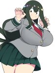  1girl alternate_breast_size asui_tsuyu bellupup boku_no_hero_academia breasts buttons closed_mouth collared_shirt commentary_request cowboy_shot green_eyes green_hair green_skirt hair_between_eyes highres huge_breasts long_hair long_sleeves looking_at_viewer open_hands pleated_skirt sanpaku school_uniform shirt simple_background skirt solo thick_thighs thighs white_background white_shirt 