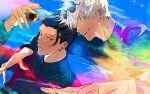  2boys arm_around_shoulder arm_up asymmetrical_bangs ball black_eyes black_footwear black_hair blue_eyes blue_sky bo_toike57 cloud earrings getou_suguru gojou_satoru hair_between_eyes hair_bun highres holding holding_ball jewelry jujutsu_kaisen jujutsu_tech_uniform light_blush long_hair long_sleeves looking_at_viewer male_focus multiple_boys one_eye_closed open_mouth outdoors school_uniform short_hair sidelocks single_hair_bun sky smile sunglasses teeth upper_body white_hair 