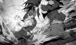  battle blue_sash clenched_hand clenched_hands closed_mouth dougi dragon_ball dragon_ball_gt dragon_ball_super earrings energy_ball fighting_stance gloves gogeta incoming_attack jewelry kamehameha_(dragon_ball) male_focus metamoran_vest monkey_boy monkey_tail monochrome multiple_boys muscular muscular_male ommmyoh pants potara_earrings powering_up red_fur saiyan sash serious simple_background spiked_hair super_saiyan super_saiyan_4 super_saiyan_blue tail vegetto 