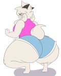  2022 2_horns anthro barefoot big_breasts big_butt black_horn blue_bottomwear blue_clothing blue_shorts bodily_fluids bottomwear bovid breasts butt caprine clothed clothing crouching dewwydarts feet female fur goat hair hi_res horn huge_butt mammal pink_clothing pink_topwear shorts simple_background solo sweat thick_thighs topwear white_background white_body white_fur white_hair wide_hips 