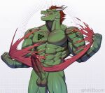  abs alexaboom anthro balls biceps biped chest_tattoo clothing dragon fingers genitals glans green_body hair hi_res horn male male/male muscular muscular_anthro muscular_male muscular_thighs open_mouth pecs penis red_glans red_hair simple_background solo solo_focus standing tattoo teeth torn_clothing vein veiny_penis white_background yellow_eyes 