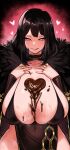  1girl alternate_costume black_dress black_hair blush breasts candy chocolate chocolate_on_body chocolate_on_breasts cleavage covered_navel dress food food_on_body fur_trim heart heart-shaped_chocolate highres huge_breasts jewelry library_of_ruina long_hair looking_at_viewer melting project_moon ring smile solo sweat valentine white_eyes yanun0557 zena_(library_of_ruina) 