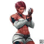  1girl abs artist_logo bandaged_arm bandages bra clenched_teeth dark-skinned_female dark_skin earrings highres jamrolypoly jewelry muscular muscular_female myra_(syncmurmurings) navel necklace orange_eyes original red_hair scar scar_across_eye short_hair short_shorts shorts simple_background solo teeth underwear white_background white_bra white_shorts 