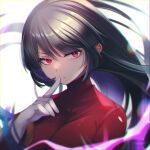  1girl black_hair blurry chromatic_aberration closed_mouth commentary_request eyelashes floating_hair gloves hand_up highres index_finger_raised jacket long_hair long_sleeves nana_(kanaonet7) pokemon pokemon_(game) pokemon_frlg red_eyes red_jacket sabrina_(pokemon) solo upper_body white_gloves 