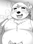  &lt;3 &lt;3_eyes anthro belly bodily_fluids breath canid canine canis clothing domestic_dog fluffy fluffy_chest greyscale kemono lifewonders live_a_hero male mammal mokdai monochrome musclegut nipples overweight overweight_anthro overweight_male panting pecs shirtless solo sweat tattoo tongue tongue_out womb_tattoo zuboboz 