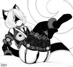  1girl 2b_(nier:automata) animal_ears ass bare_shoulders bell black_blindfold black_gloves black_leotard black_thighhighs blindfold cameltoe cat_ears cleavage_cutout closed_mouth clothing_cutout covered_eyes elbow_gloves feet full_body fur_collar garter_straps gloves greyscale highres lace_thighhighs legs_up leotard ltstry monochrome neck_bell nier:automata nier_(series) nipples short_hair signature sitting solo thighhighs thighs white_hair 