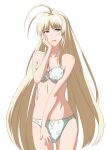  1girl :d bikini blonde_hair breasts cleavage cowboy_shot hand_on_own_cheek hand_on_own_face kageyasu long_hair looking_at_viewer medium_breasts open_mouth purple_eyes simple_background smile solo strapless strapless_bikini swimsuit very_long_hair vess_(xenoblade) white_background white_bikini xenoblade_chronicles_(series) xenoblade_chronicles_2 