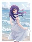 1girl alternate_costume bare_arms bare_shoulders beach blue_sky border cloud cloudy_sky commentary day dress from_behind highres hoshino_ai_(oshi_no_ko) long_hair looking_at_viewer ocean oshi_no_ko outdoors piroaki purple_eyes purple_hair skirt_hold sky sleeveless sleeveless_dress smile solo standing star-shaped_pupils star_(symbol) sundress swept_bangs symbol-shaped_pupils water white_border white_dress 