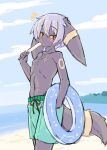  2021 anthro anthrofied areola beach blush breasts clothed clothing cloud cute_fangs day digital_media_(artwork) eeveelution emanata female female_anthro food fur generation_2_pokemon grey_body grey_fur hair hi_res inflatable inner_tube kemono looking_at_viewer male_swimwear_challenge navel nintendo nipples open_mouth outside pokemon pokemon_(species) pokemorph popsicle sea seaside short_hair silver_hair sky small_breasts solo swimming_trunks swimwear tail tongue tongue_out topless topless_anthro topless_female umbreon water yukiharu_nyawate 