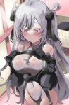  azur_lane black_gloves covered_navel cross elbe_(azur_lane) from_above gloves grey_hair hair_ribbon hands_on_own_chest highres iron_cross leotard long_hair ribbon sleeveless tearing_up tonchinkan twintails two_side_up wavy_mouth wet wet_clothes wet_leotard white_leotard 