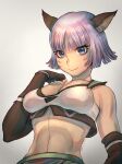  1girl 2022 absurdres animal_ears artist_name avatar_(ff11) black_gloves blue_eyes blunt_bangs breasts cactus41747280 cat_ears cat_girl cleavage closed_mouth dated elbow_gloves facial_mark final_fantasy final_fantasy_xi fingerless_gloves fingernails gloves grey_hair hand_up highres medium_breasts midriff mithra_(ff11) parted_bangs short_hair smile solo whisker_markings 
