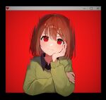  1other black_shirt brown_hair chara_(undertale) collared_shirt fading fourth_wall green_sweater head_rest head_tilt heart highres looking_at_viewer medium_hair nano_mochi red_background red_eyes shirt solo sweater undertale window window_(computing) 