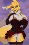  absurd_res anthro bandai_namco big_nipples blue_eyes breasts canid canine clothed clothed/nude clothing corset dadoradefit digimon digimon_(species) digital_drawing_(artwork) digital_media_(artwork) digital_painting_(artwork) female fluffy fox genitals gloves handwear hi_res legwear lingerie lips mammal nipples nude pubes pussy red_lips renamon solo stockings tail topwear white_body yellow_body 