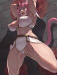  1girl abs against_wall animal_ears armpits belt breasts cait_(corruption_of_champions) capelet cat_ears cat_tail cleavage corruption_of_champions covered_nipples dripping eyelashes green_eyes large_breasts looking_at_viewer looking_down messy_hair muscular muscular_female open_mouth pink_hair restrained stomach stone_wall sweat tail thick_thighs thighs trapped very_sweaty wall wet xxoom 