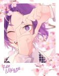  1boy blue_lock character_name flower hands_up heart heart_hands jacket long_sleeves looking_at_viewer male_focus mikage_reo nokcha26 one_eye_closed open_mouth pink_flower portrait purple_eyes purple_hair short_eyebrows short_hair smile solo white_background white_jacket 