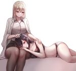  2girls absurdres belt black_bra black_hair black_pantyhose black_skirt blonde_hair bra breasts brown_eyes cheonju closed_mouth coat collarbone hair_between_eyes half-closed_eyes hand_on_another&#039;s_head hand_on_another&#039;s_shoulder hand_on_another&#039;s_thigh highres korean_commentary lap_pillow large_breasts looking_down lying multiple_girls navel on_side original pantyhose red_eyes short_shorts shorts simple_background sitting skirt smile stomach thighs underwear white_background white_coat white_shorts yuri 
