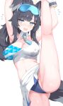  1girl @_@ absurdres animal_ears black_hair blue_archive breasts cheerleader dog_ears dog_tail eyewear_on_head flying_sweatdrops grey_eyes hayana_neru hibiki_(blue_archive) hibiki_(cheer_squad)_(blue_archive) highres large_breasts medium_hair millennium_cheerleader_outfit_(blue_archive) navel official_alternate_costume safety_glasses simple_background solo split standing standing_on_one_leg standing_split tail white_background 