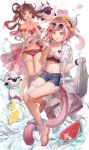  2girls :d absurdres animal animal_ears animal_on_head arknights barefoot bikini blue_shorts brown_eyes brown_footwear brown_hair cat cat_ears cat_girl cat_tail commentary_request eyewear_on_head eyjafjalla_(arknights) flower food frilled_bikini frills fruit goldenglow_(arknights) hair_flower hair_ornament hairclip highres himitsu_(vjvu3532) horns jacket looking_at_viewer multiple_girls on_head open_clothes open_jacket petals pink_flower pink_hair purple-tinted_eyewear red_bikini sandals see-through sheep sheep_ears sheep_girl sheep_horns short_shorts shorts side_ponytail simple_background smile sunflower sunflower_hair_ornament sunglasses swimsuit tail tinted_eyewear water watermelon watermelon_slice white_background white_bikini white_jacket yellow_flower 